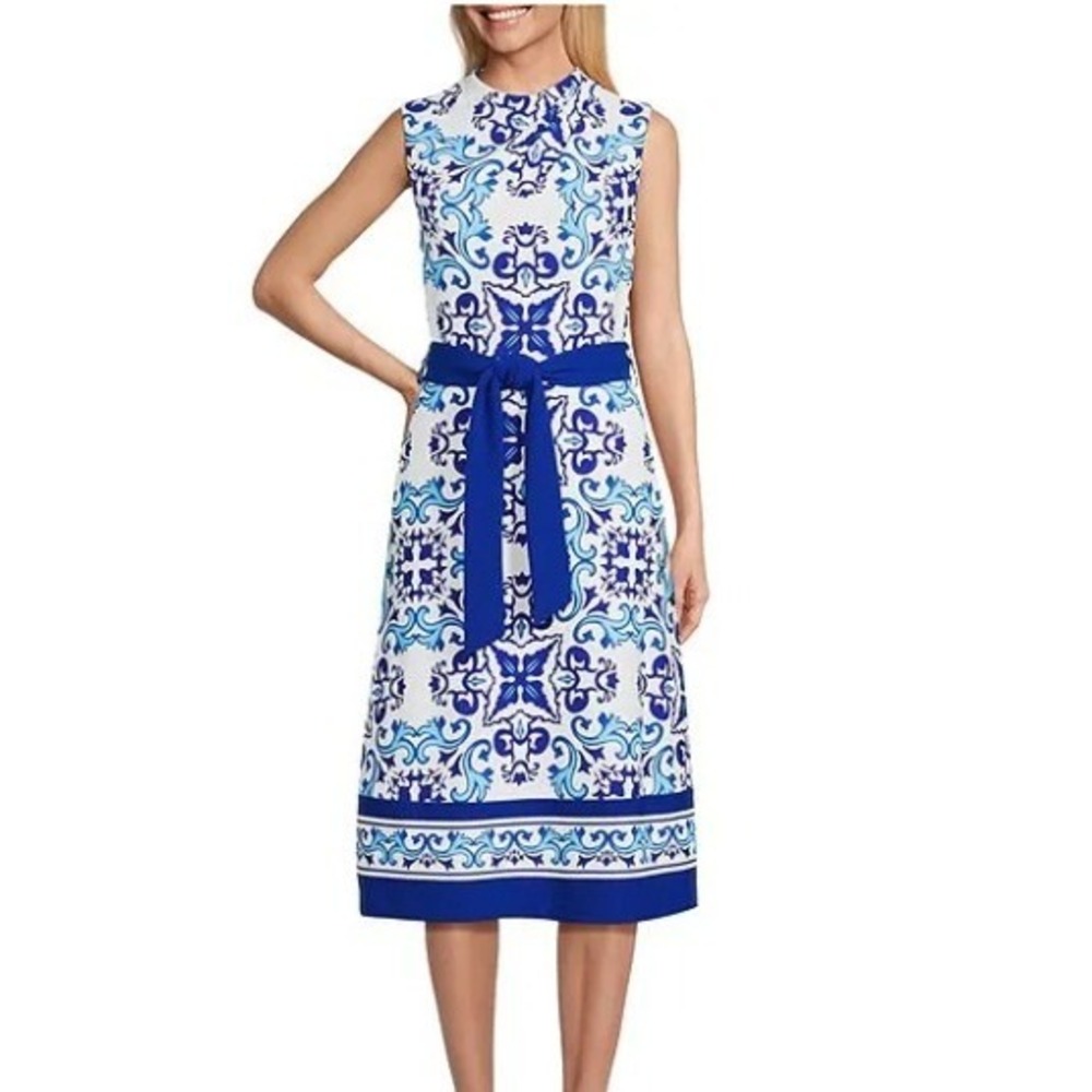 Investments Midi Dress Womens 6 Scuba Crepe Blue Regatta Sleeveless Tie Belt New